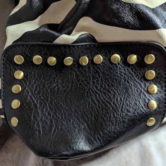 Zebra Shoulder Bag Embossed Animal Print Leather Studs Hobo Unique Handbag Boho - Picture 4 of 10